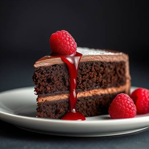 Rebanada de pastel de chocolate con salsa de frambuesa