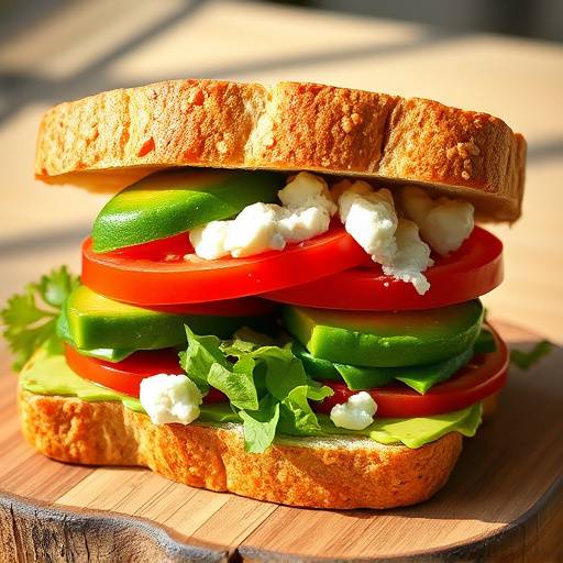 Sándwich vegetariano con aguacate, tomate y queso feta