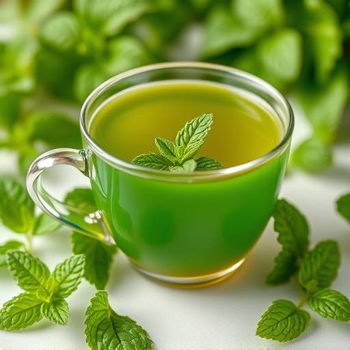 Taza de té verde con hojas frescas de menta